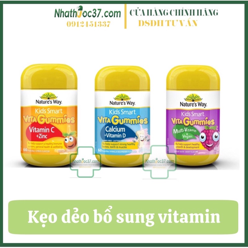 Kẹo dẻo nature’s way vita gummier Bổ sung C kẽm, canxi, omega 3 và vitamin rau củ cho bé khoẻ mạnh, cao lớn