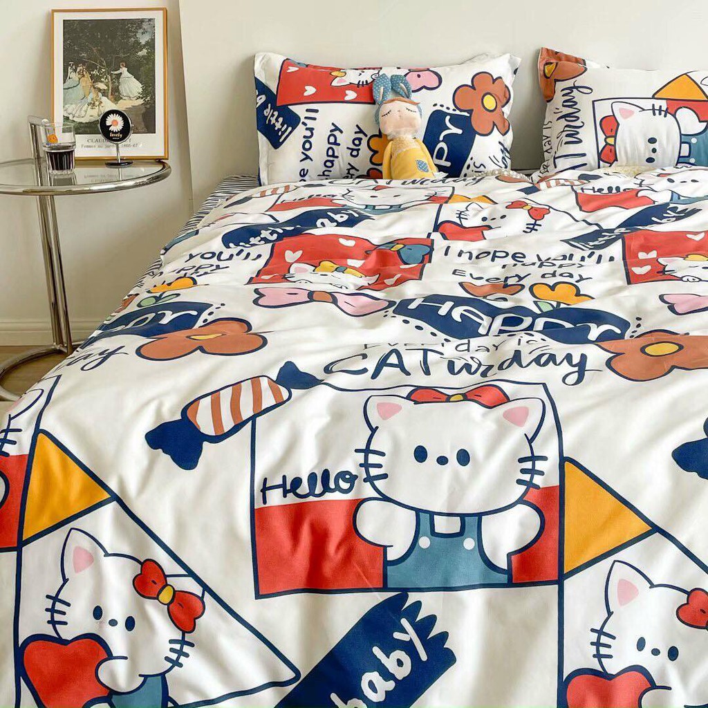 Bộ chăn ga gối Poly Cotton Hello Kitty (Tặng vỏ gối ôm) - Miễn phí bo chun mọi kích thước