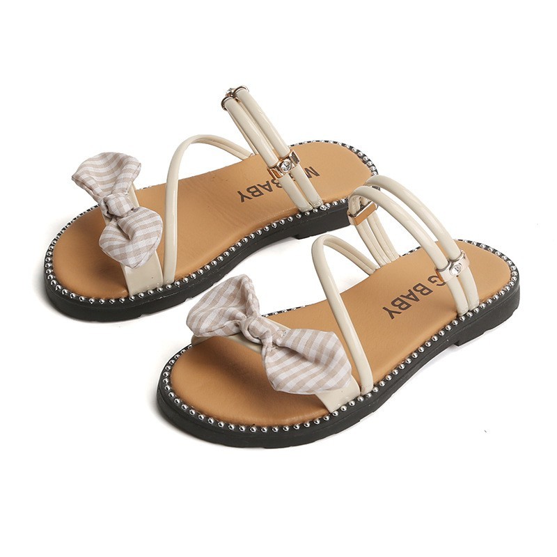 Sandal cho bé - dép đi biển cho bé gái quai da, nơ vải kẻ, đế trống trượt MG Baby mã 825 ( có video&amp;ảnh thật)