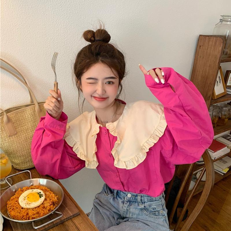 Áo sơ mi cổ búp bê phối bèo dáng rộng màu tương phản phong cách Hàn Quốc thời trang mùa thu cho nữ