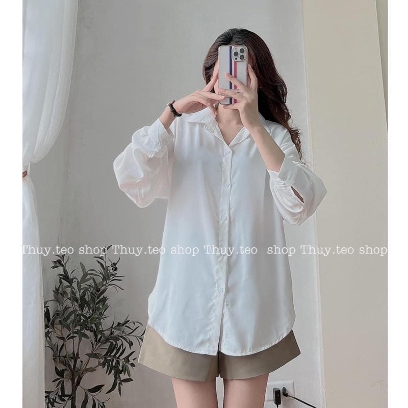 [Hàng mới] ÁO SƠ MI TRƠN DÁNG RỘNG VẠT BẦU BỐN MÀU TRẮNG/BE/XANH/ĐỎ