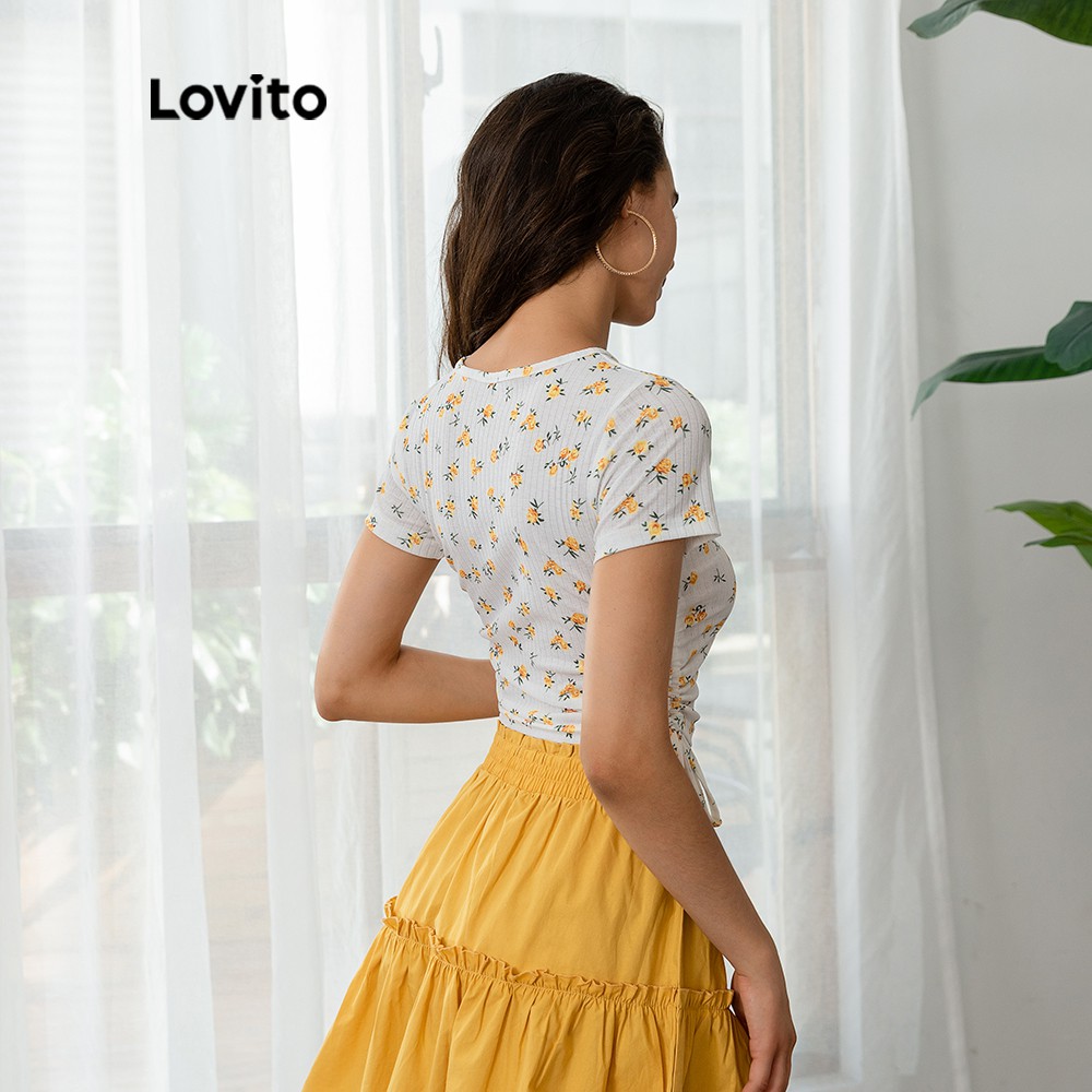 Áo Thun Croptop Lovito Rút Dây In Hoa Thời Trang Thường Ngày L03109 (Màu Trắng) | BigBuy360 - bigbuy360.vn