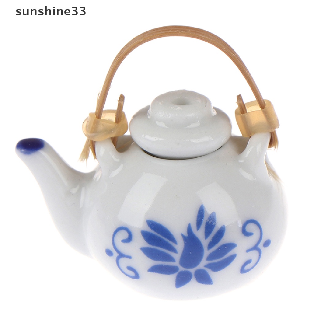 Set 6 món mô hình đĩa bình tách trà gốm xanh lam gợn sóng cho nhà búp bê