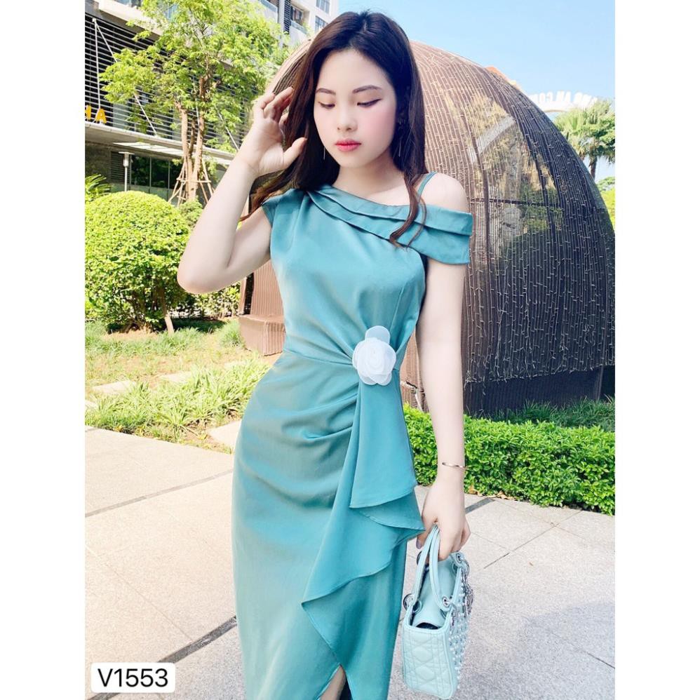 Váy xanh ngọc lệch vai eo nhún hoa V1553 - ĐẸP SHOP DVC 👗