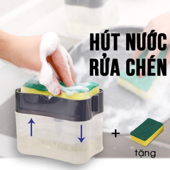 Hộp đựng nước rửa chén tự động bơm dầu lên khi nhấn xuống tạo bọt tiện lợi tặng kèm miếng rửa bát