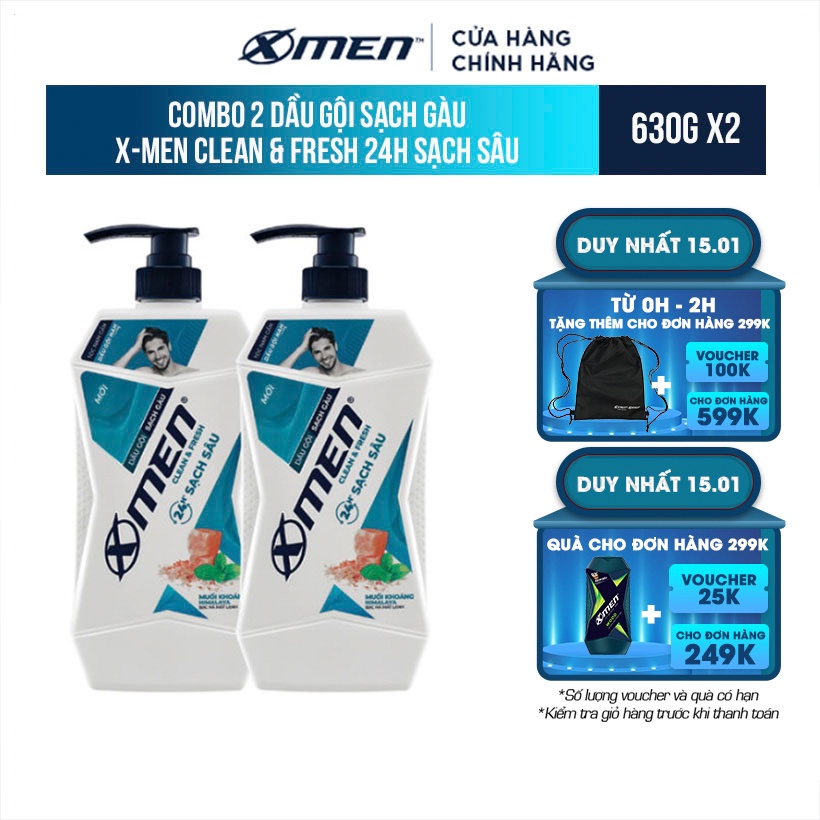 Combo 2 Dầu gội Sạch Gàu X-Men Clean & Fresh 24h Sạch Sâu 630g/chai