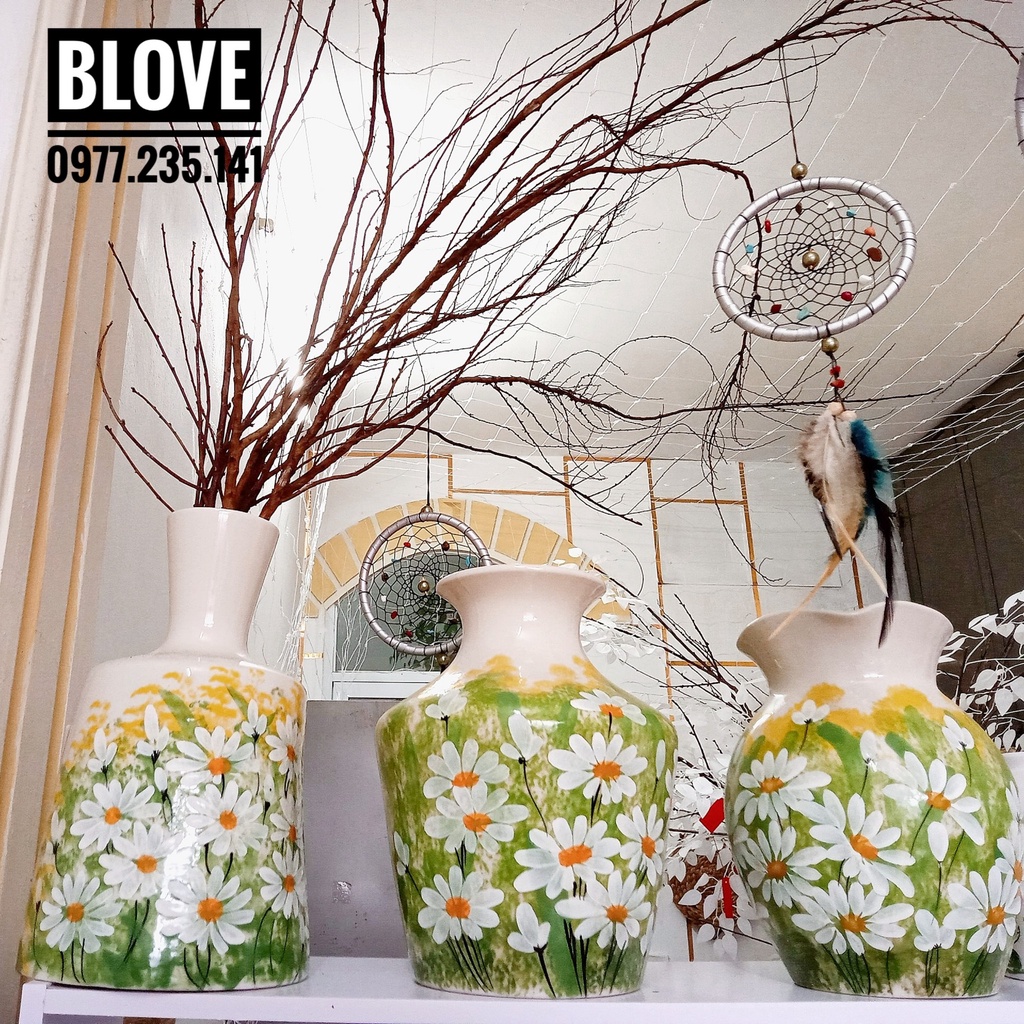 Quà tặng cao cấp,Bình hoa cúc vẽ tay thủ công , Gốm sứ bát tràng tráng men lạnh, Trang trí nhà cửa,decor