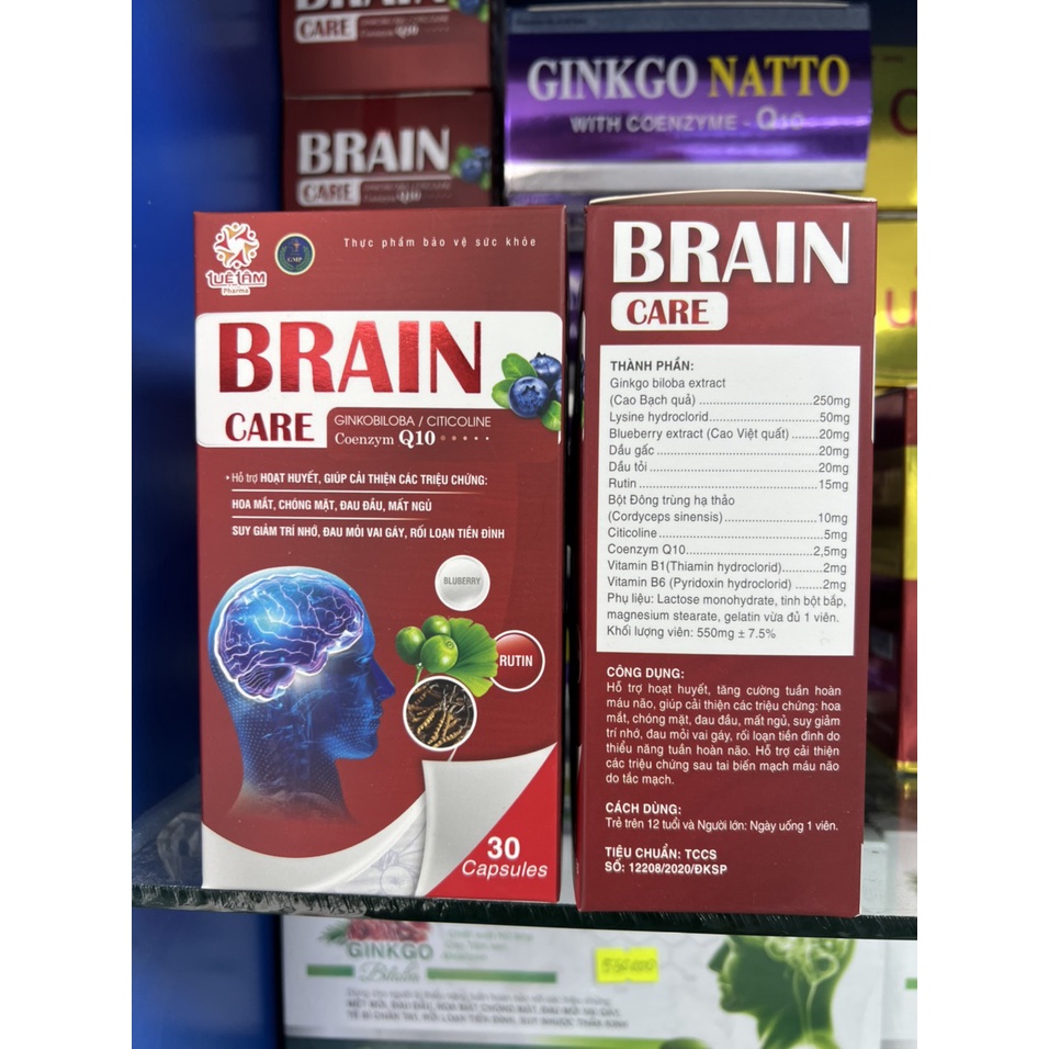 Viên Uống BRAIN CARE GINKGO BILOBA Q10 Bổ Não Giảm Hoa Mắt Chóng Mặt Cải Thiện Cho Giấc Ngủ Sâu