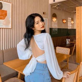 ÁO TRẮNG CROP CỘT NƠ LƯNG TAY PHỒNG