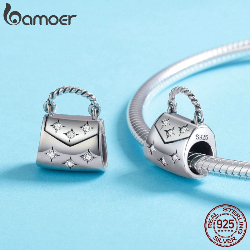 Hạt charm Bamoer hình túi xách bằng bạc 925 xinh xắn làm vòng tay dây chuyền dành cho nữ
