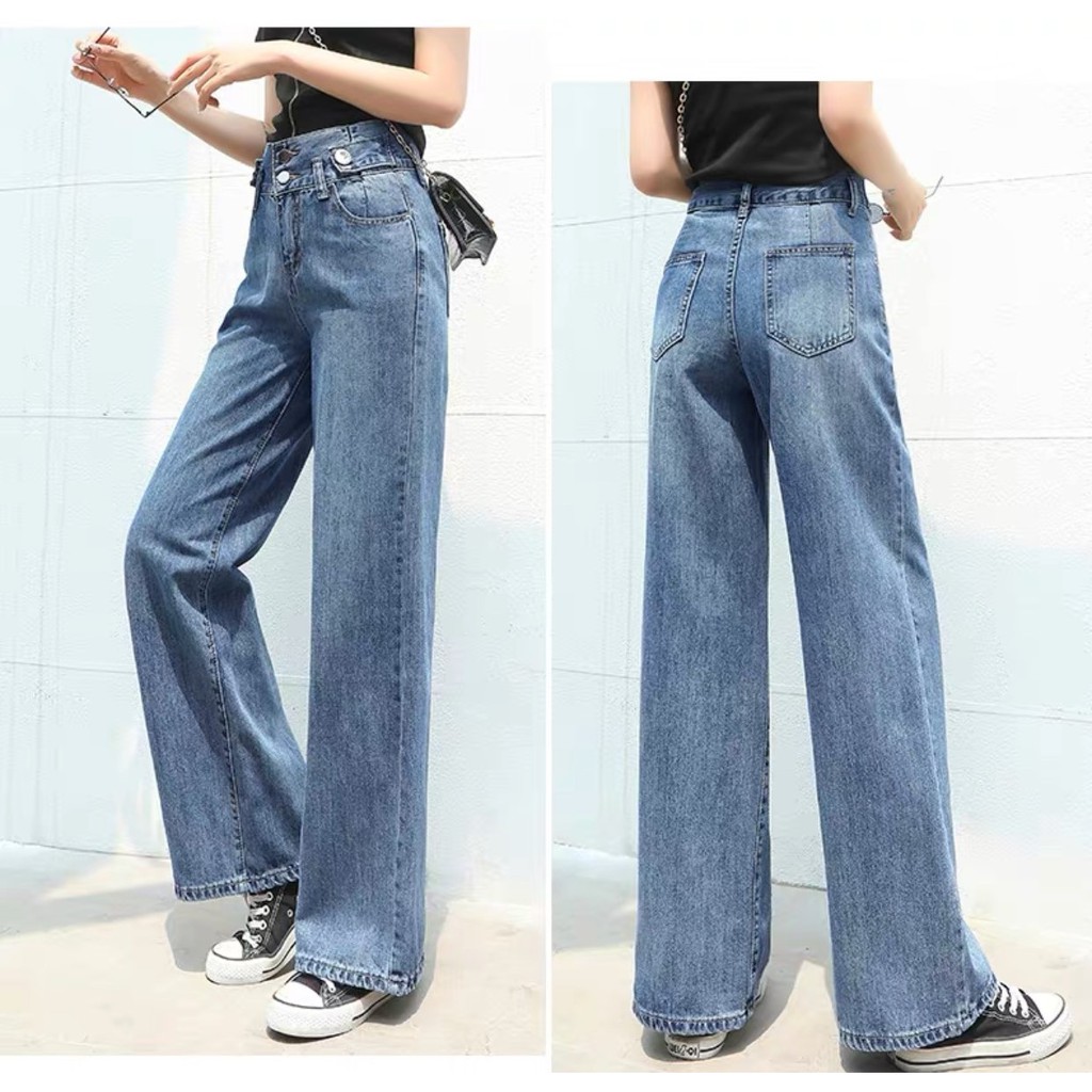 [FREESHIP] QUẦN JEAN ỐNG RỘNG NỮ MÀU XANH ĐẬM LƯNG CAO 2 NÚT 2 ĐAI SIÊU CÁ TÍNH ĐẬP TAN MỌI GIỚI HẠN-THỜI TRANG BABO