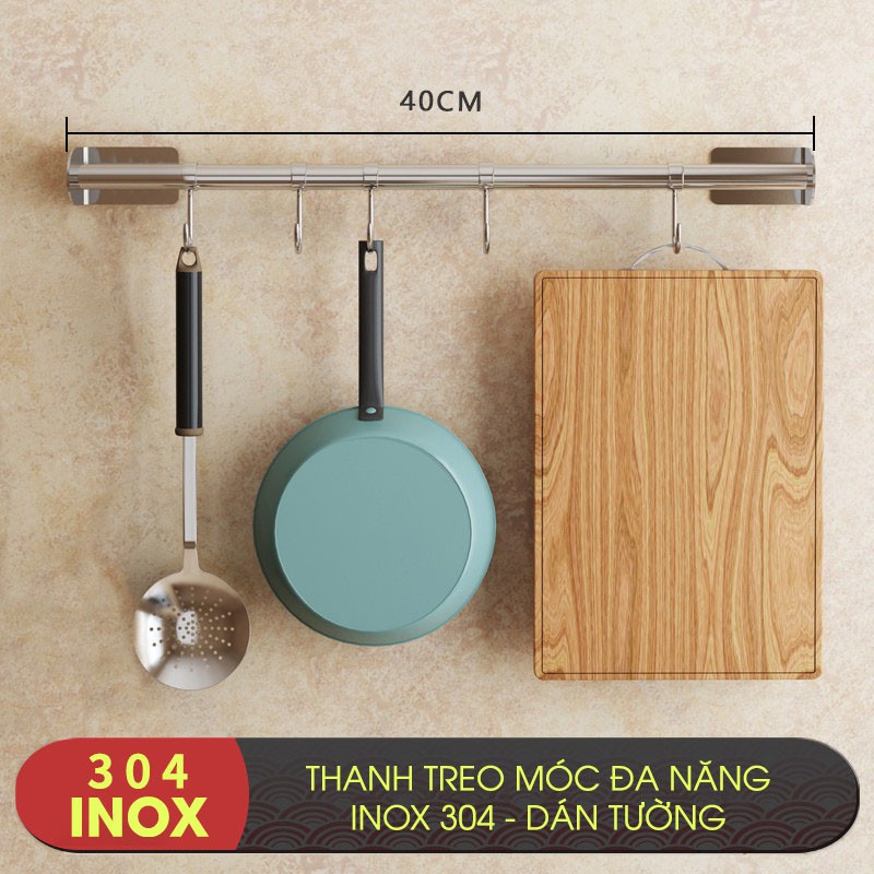 Thanh giá móc treo bếp đa năng dán tường inox 304 Gia Dụng Plus - miễn phí keo dán tường siêu chắc chắn, chịu lực