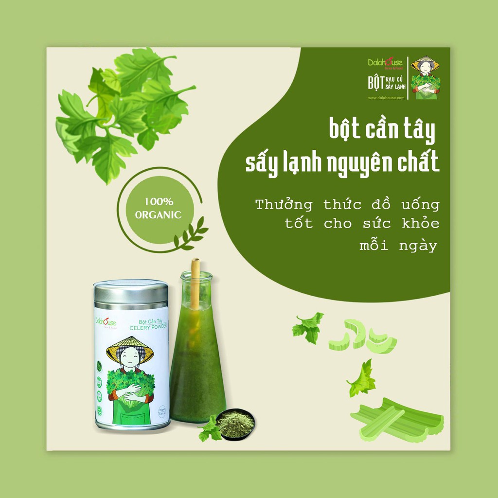 Bột Cần Tây DalaHouse Nguyên Chất 100% Gói 50g, Hỗ Trợ Giảm Cân, Giúp Da Căng Mịn, Tiêu Chuẩn Chất Lượng FDA Hoa Kỳ