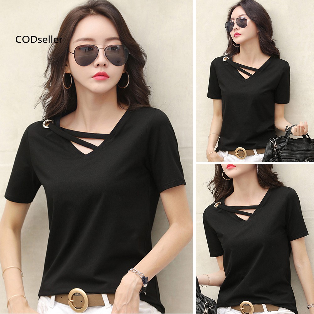 Áo thun cổ V tay ngắn màu trơn thời trang cho nữ