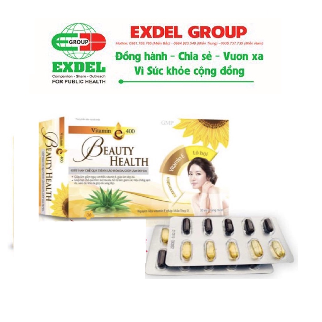 Vitamin E 400 Beauty Health  Viên đẹp da, chông lão hóa giúp giữ ẩm và tăng độ đàn hồi cho da mờ sạm nám -  Hộp 30 viên