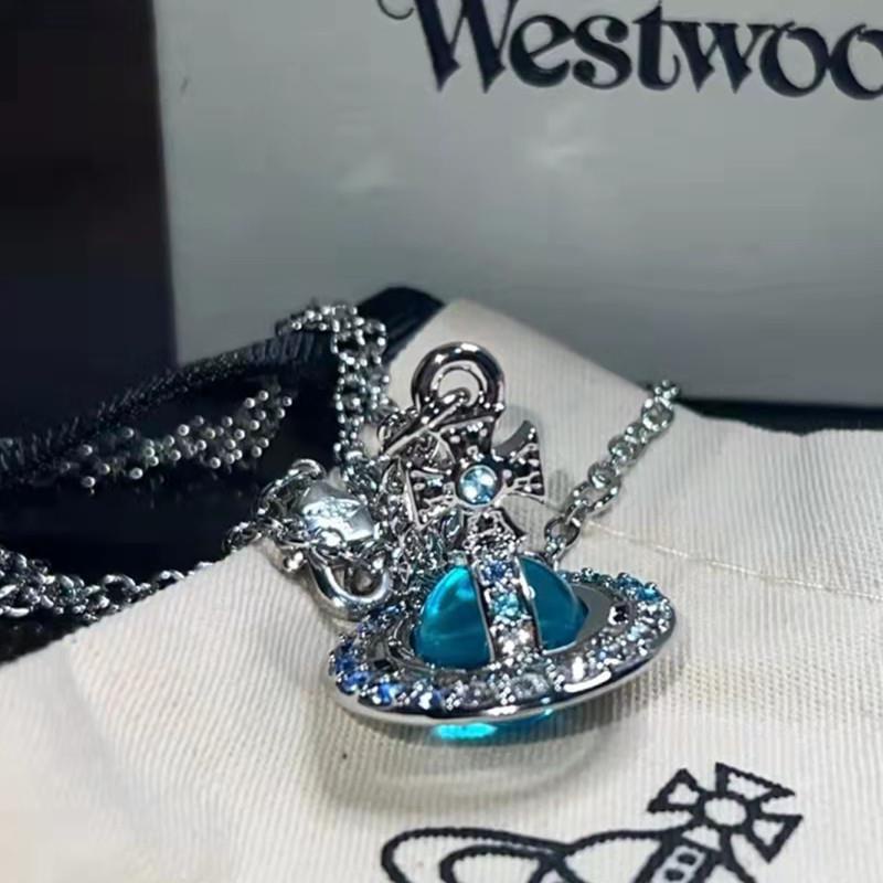 Vòng cổ Kim Cương Toàn Diện Mặt Hành Tinh Đính Kim Cương Màu Xanh Dương Nữ Hoàng Phương Tây Vivienne Westwood