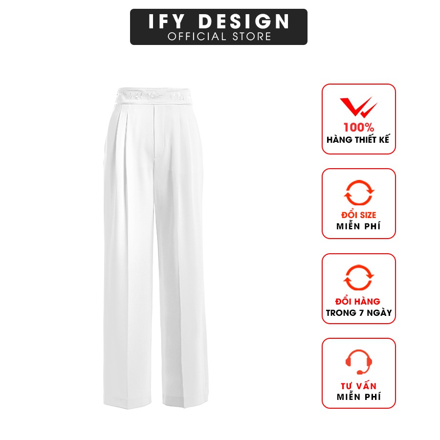 Quần ống suông nữ cạp thêu hai màu trắng đen IFY Design FS147Q