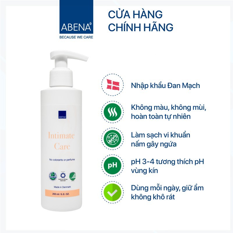 Dung dịch vệ sinh phụ nữ Abena Intimate Care giảm viêm ngứa nhập khẩu từ Đan Mạch, cân bằng độ pH vùng kín (200ml)