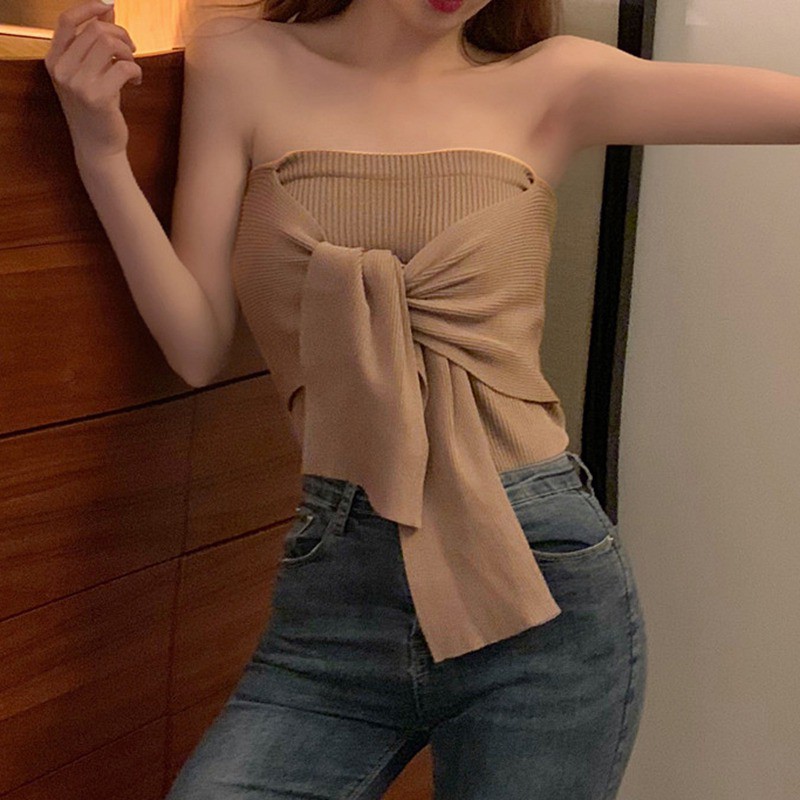 [Baywellfashion]Áo ống dệt kim phối dây đan chéo thiết kế màu trơn thanh lịch | BigBuy360 - bigbuy360.vn