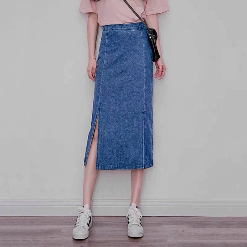 Chân váy dài Jean denim Midi Kyubi Xẻ tà Lưng cao dáng chữ A phong cách Hàn Quốc - Váy dài Ulzzang Kyubi CVJ02 | BigBuy360 - bigbuy360.vn