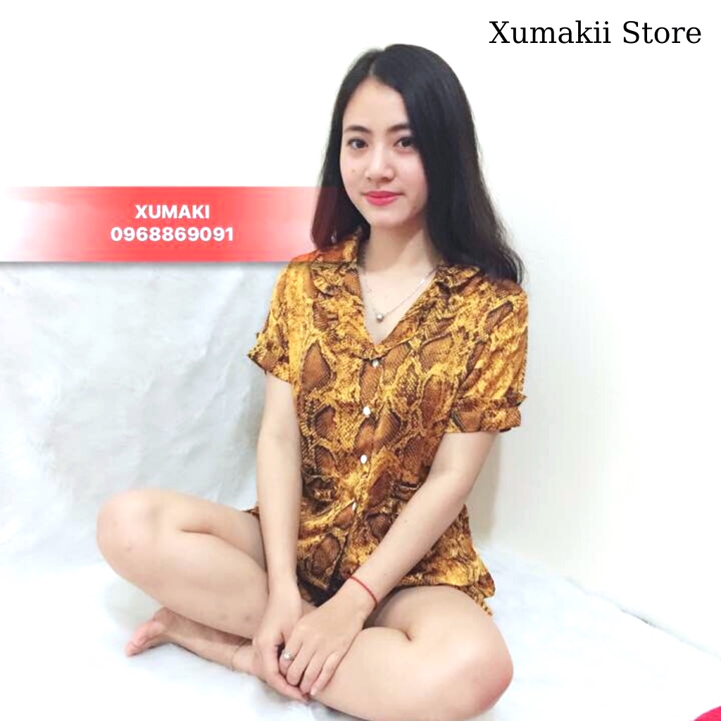 Bộ pizama nữ chất lụa cát hoạ tiết cách điệu màu vàng tôn da Xumaki Store BO042A