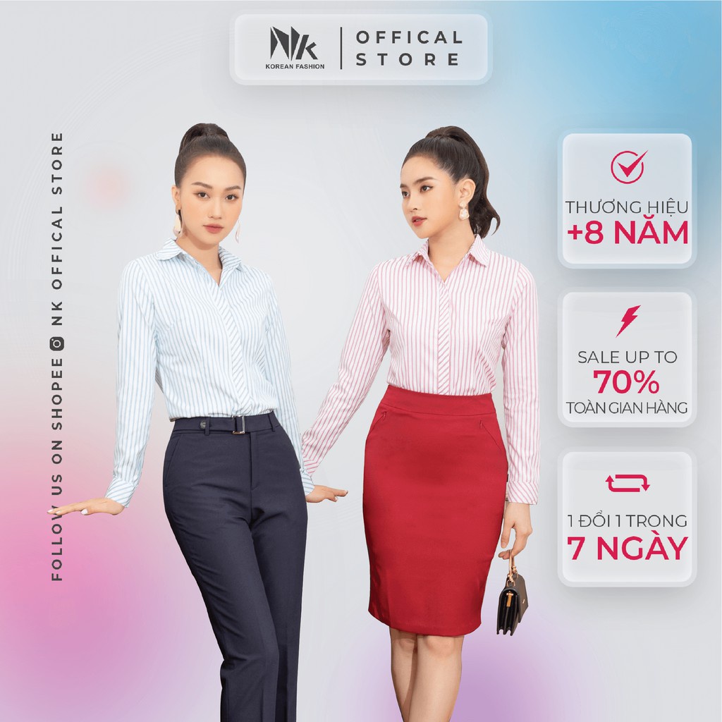 Áo Sơ Mi Nữ Công Sở NK Fashion Cổ Đức Tay Dài, Hoạ Tiết Kẻ Sọc Giấu Khuy Hiện Đại, Chất Liệu Cao Cấp NKSM2012002 - Hàng