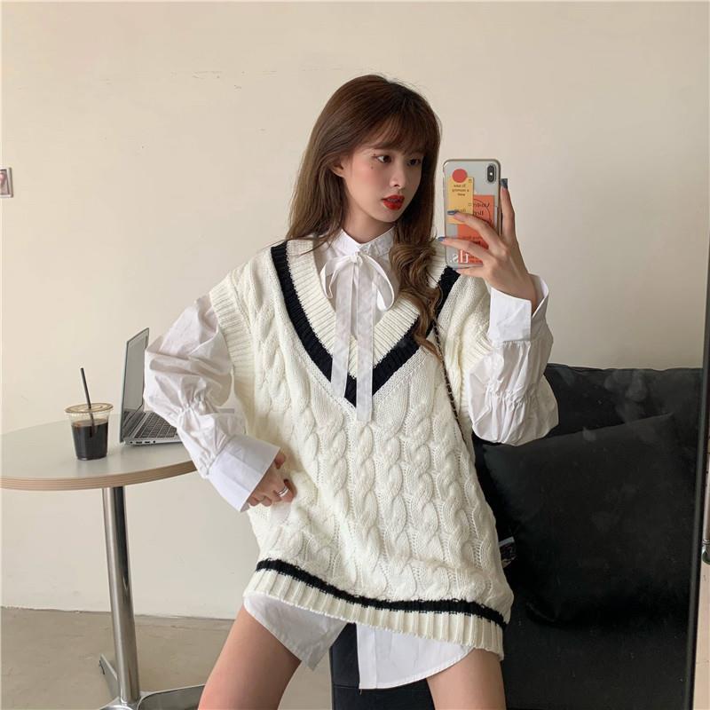 Bộ áo sơ mi thắt nơ + áo len không tay phong cách Hàn Quốc 2022