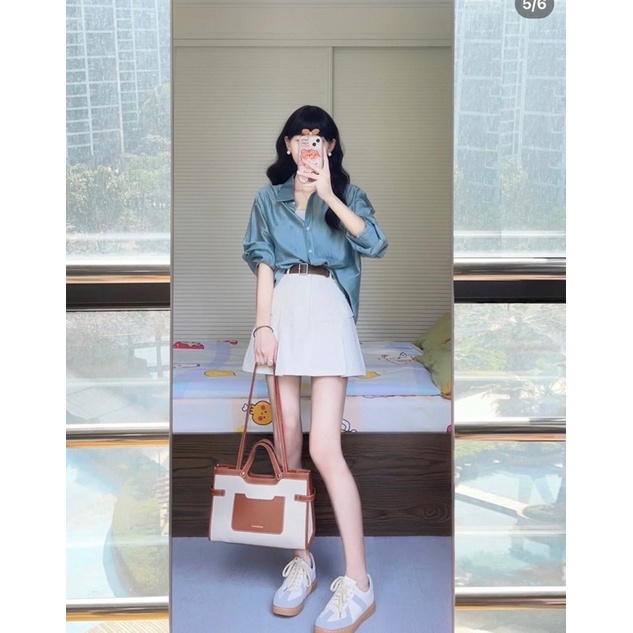 SET SƠ MI XANH TAY DÀI + CHÂN VÁY TRẮNG KÈM BELT