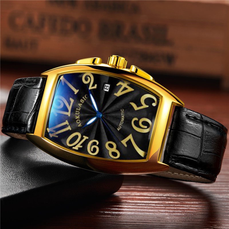 Đồng Hồ Cơ Nam Chính Hãng AOKULASIC AUTOMATIC Chạy Lịch Ngày Mặt Chữ Nhật Cong Đẹp Mắt - Dây Da Thật-Chống Nước Tốt AOK6