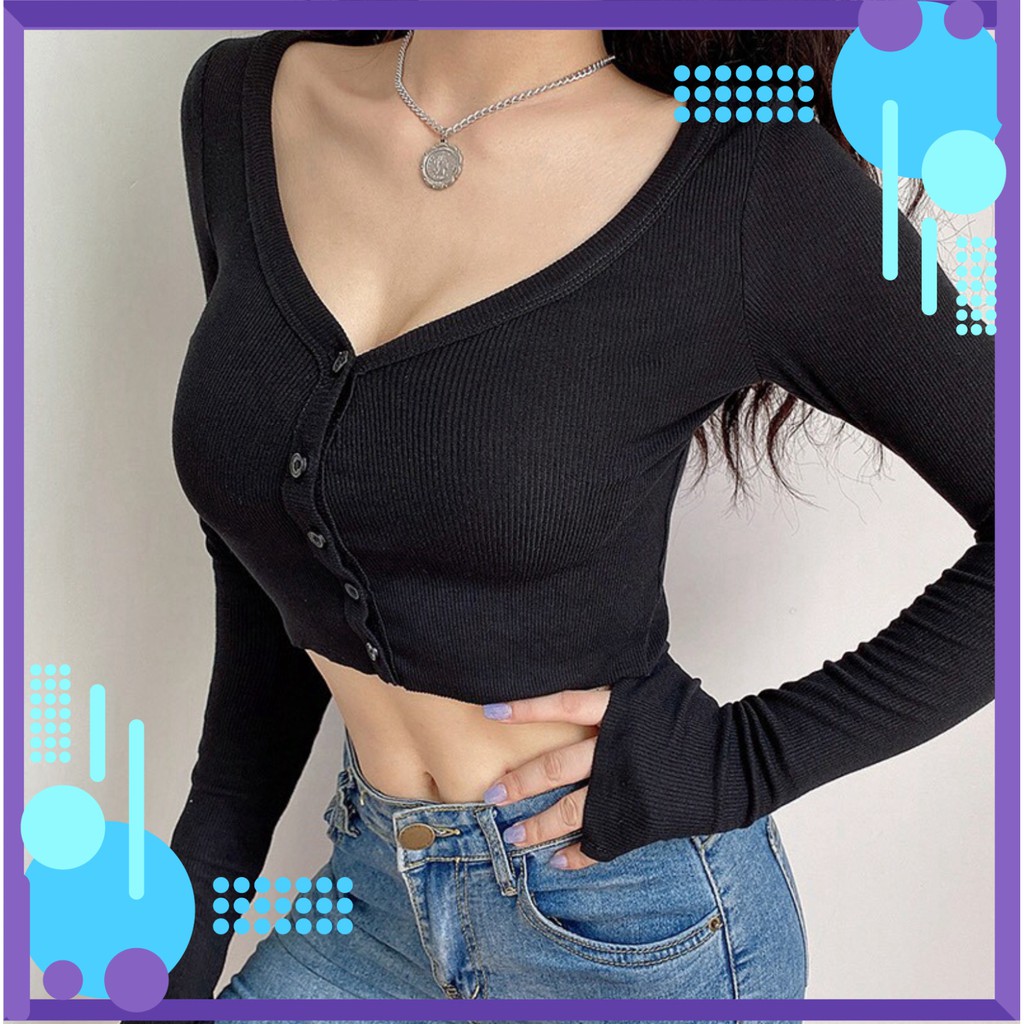 ÁO CROPTOP LEN TĂM DÀI TAY CỔ TIM XẺ TÀ CÚC DỌC - ÁO CROPTOP PHỐI NÚT LỆCH VAI TAY DÀI DÁNG BODY NỮ ĐEN TRẮNG HOT