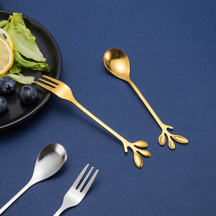 Thìa muỗng dĩa mạ vàng phong cách Vintage thời thượng hoàng kim hợp kim tạo hình 3 lá