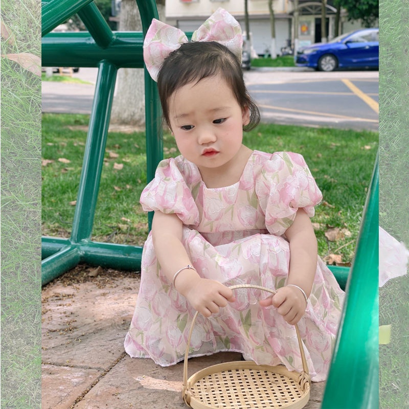 Đầm Công Chúa Mùa Hè Tay Cộc In Họa Tiết Hoa Hợp Thời Trang Phong Cách Hàn Quốc Cho Bé Gái