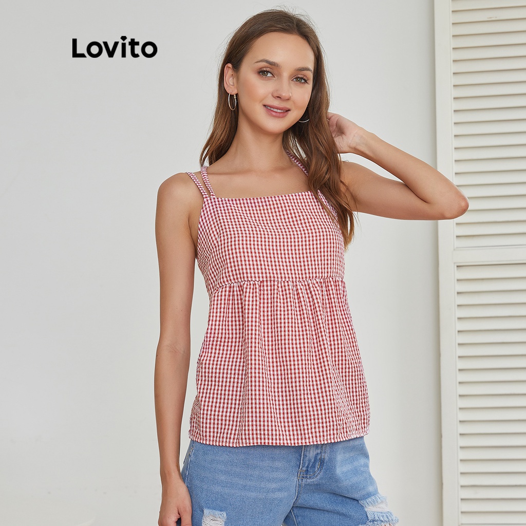 Lovito Kiểm Tra Cà Vạt Bèo Nhún Áo Yếm L24AD146 (Đỏ)