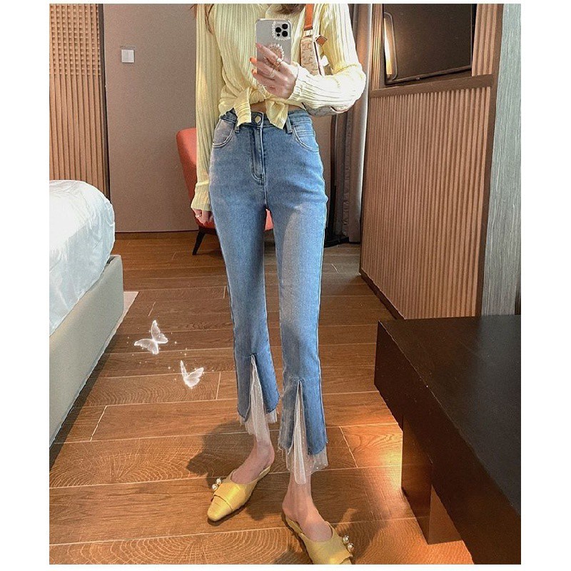 Korean Version of the Jeans Pants Simple Fashion Slightly Flared Jeans High Waist Slimming Patchwork Cropped Slit Pants Tide