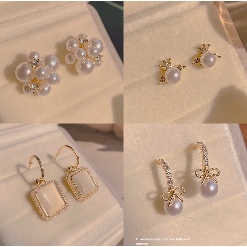 ❤zheting❤  Tai Mạ Bạc 925 Đính Ngọc Trai Phong Cách Retro