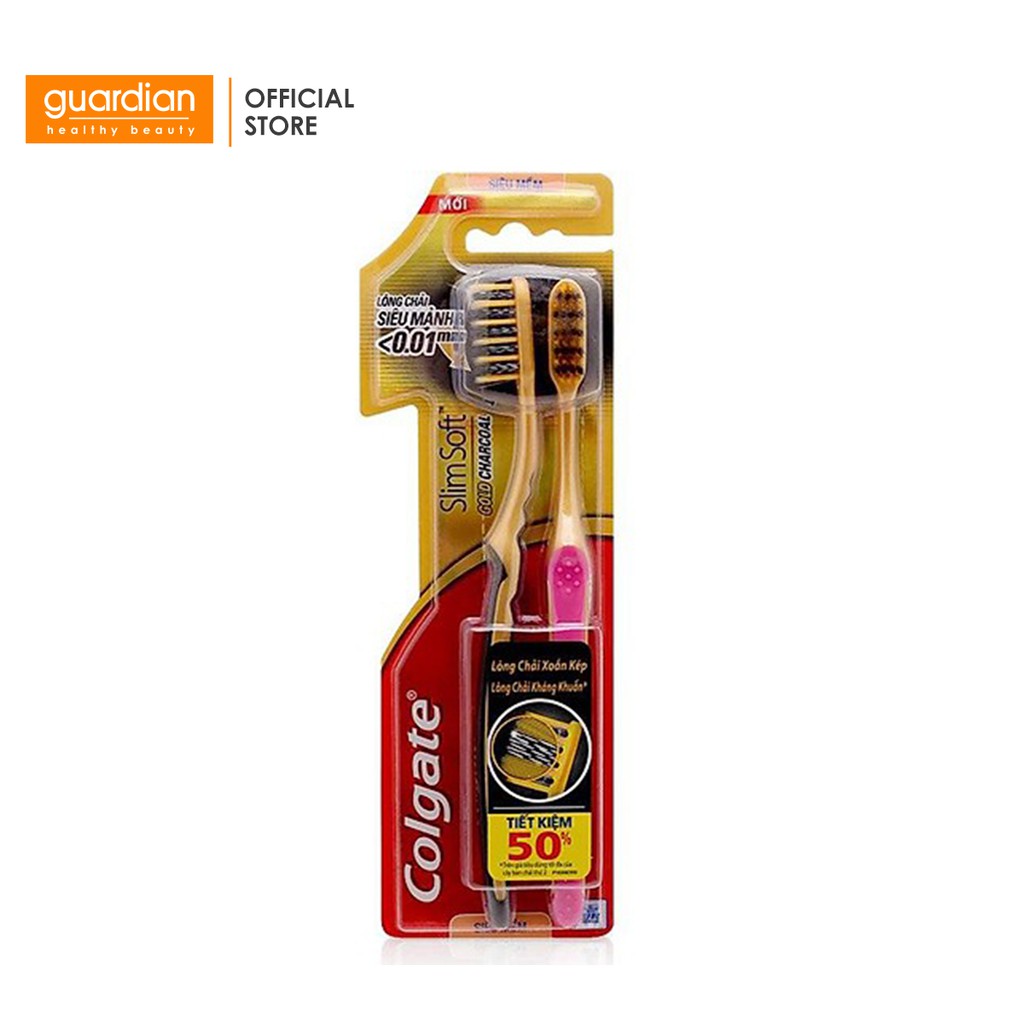 Bộ đôi Bàn chải đánh răng Colgate SlimSoft Gold Charcoal Mềm mảnh Than hoạt tính &amp; than vàng