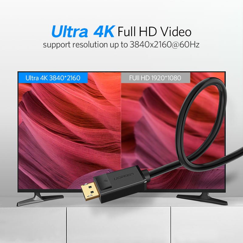 Dây Displayport 2 đầu đực Ugreen DP102, support 4K*60Hz 3D, chính hãng, bảo hành 18 tháng