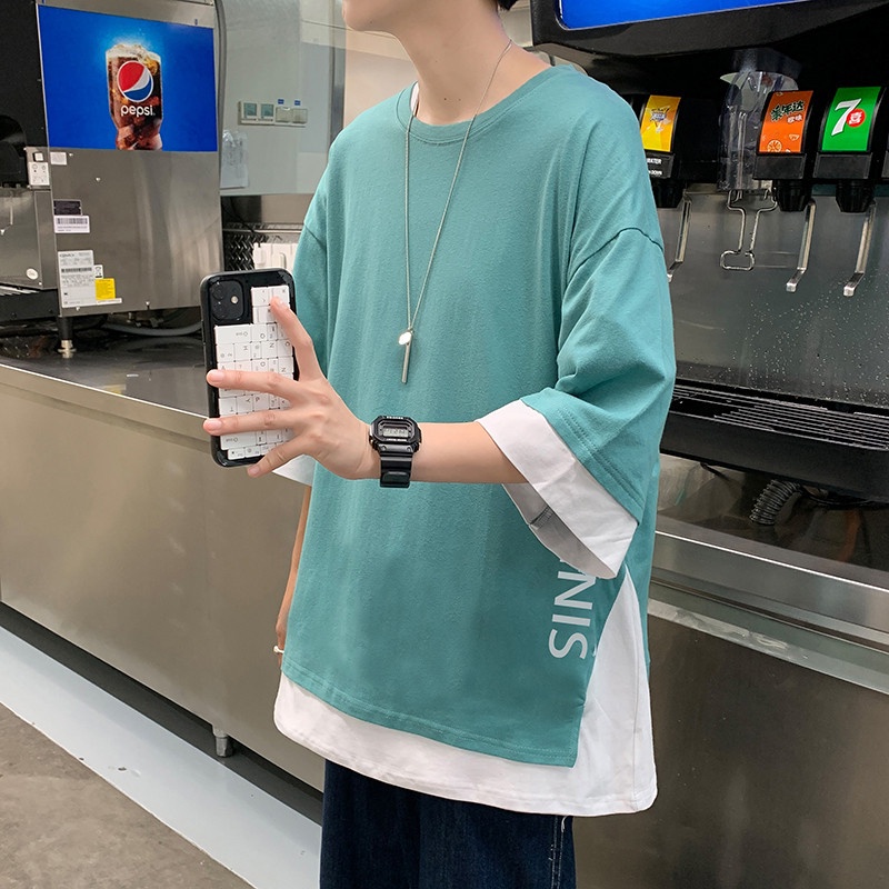 Áo Thun Ngắn Tay Giả Hai Lớp Phong Cách Hong Kong Cho Nam