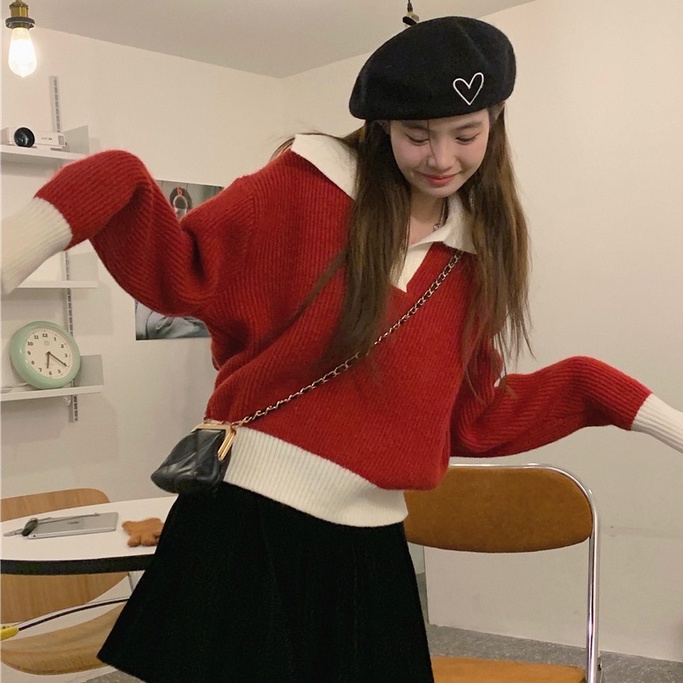 Áo len ZHELIHANGFEI tay dài kiểu dáng rộng màu đỏ theo phong cách đi học dễ phối đồ