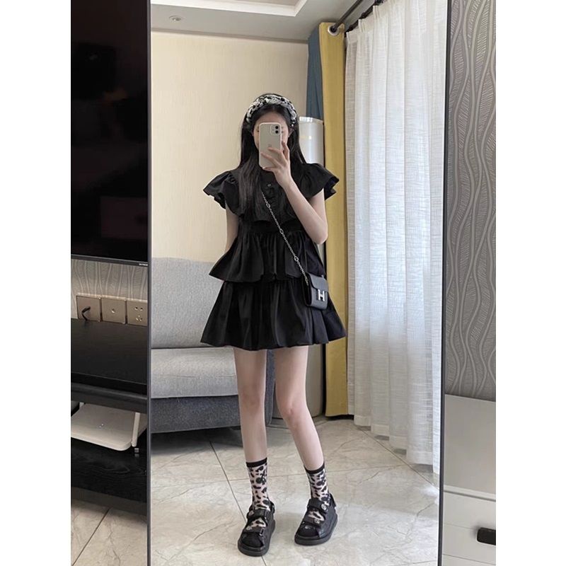 Váy babydoll Đầm Tầng Tay Xếp Nếp Màu Trơn Dễ Thương Thời Trang Mùa Hè 2022 Cho Bạn Gái