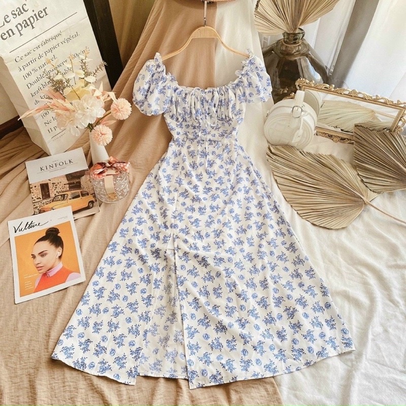 Đầm maxi hoa xanh xẻ tà đi biển