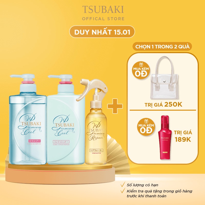 Bộ đôi gội xả Sạch Dầu Mát Lạnh Tsubaki Premium Cool Set (490ml/chai)và Xịt Dưỡng Tóc 220ml/chai