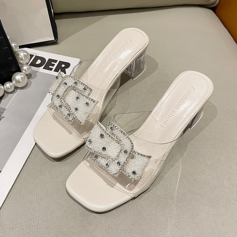 IELGY Dép  cao gót dày dặn trong suốt đính đá thời trang cho nữ