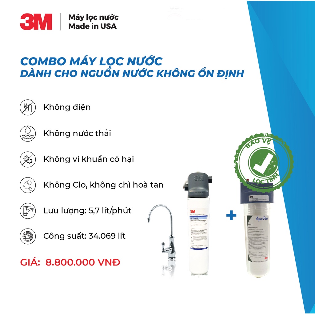 Combo 3M Máy Lọc Nước Brew120-MS Kèm Vòi Và Lọc Thô 3M AP 055T-110 Không Điện