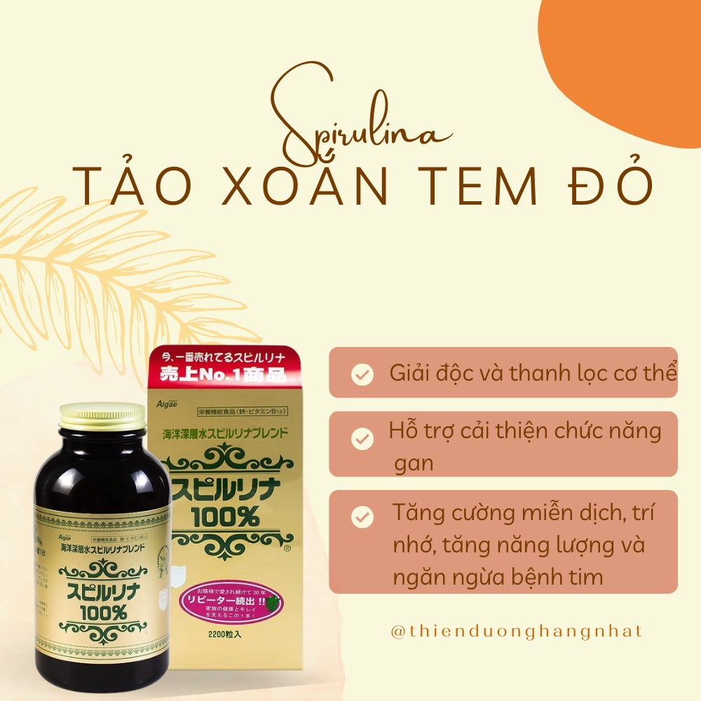 Tảo xoắn tem đỏ Nhật Bản, viên tảo xoắn Spirulina hộp 2200 viên  bổ sung canxi hỗ trợ các chức năng gan
