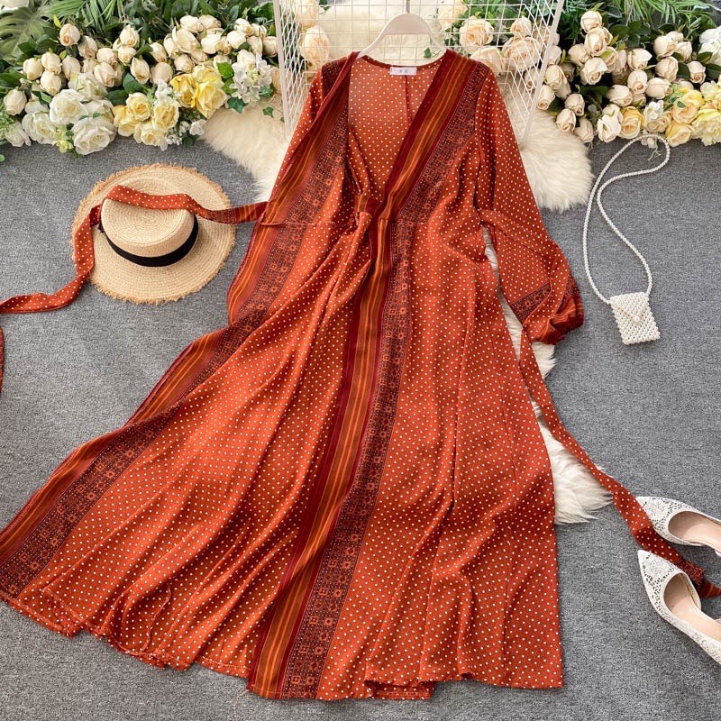 (Ảnh thật) Váy đầm maxi boho thổ cẩm dáng dài xẻ tà thắt eo chấm bi tay phồng cổ V vintage đi chơi du lịch đi biển