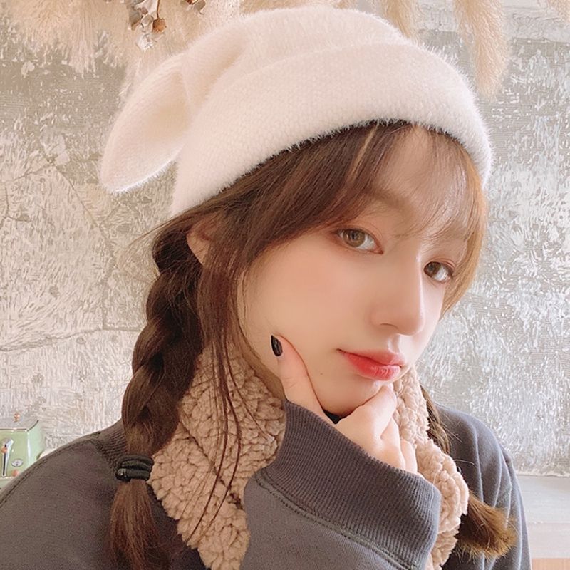 Mũ Beret Màu Trơn Đính Tai Thỏ Dễ Thương Phong Cách Hàn Quốc