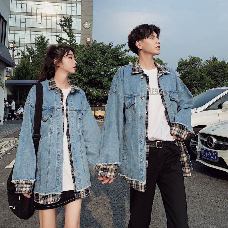 Áo Khoác Jeans Giả Hai Lớp Phong Cách Hàn Quốc Cho Cặp Đôi