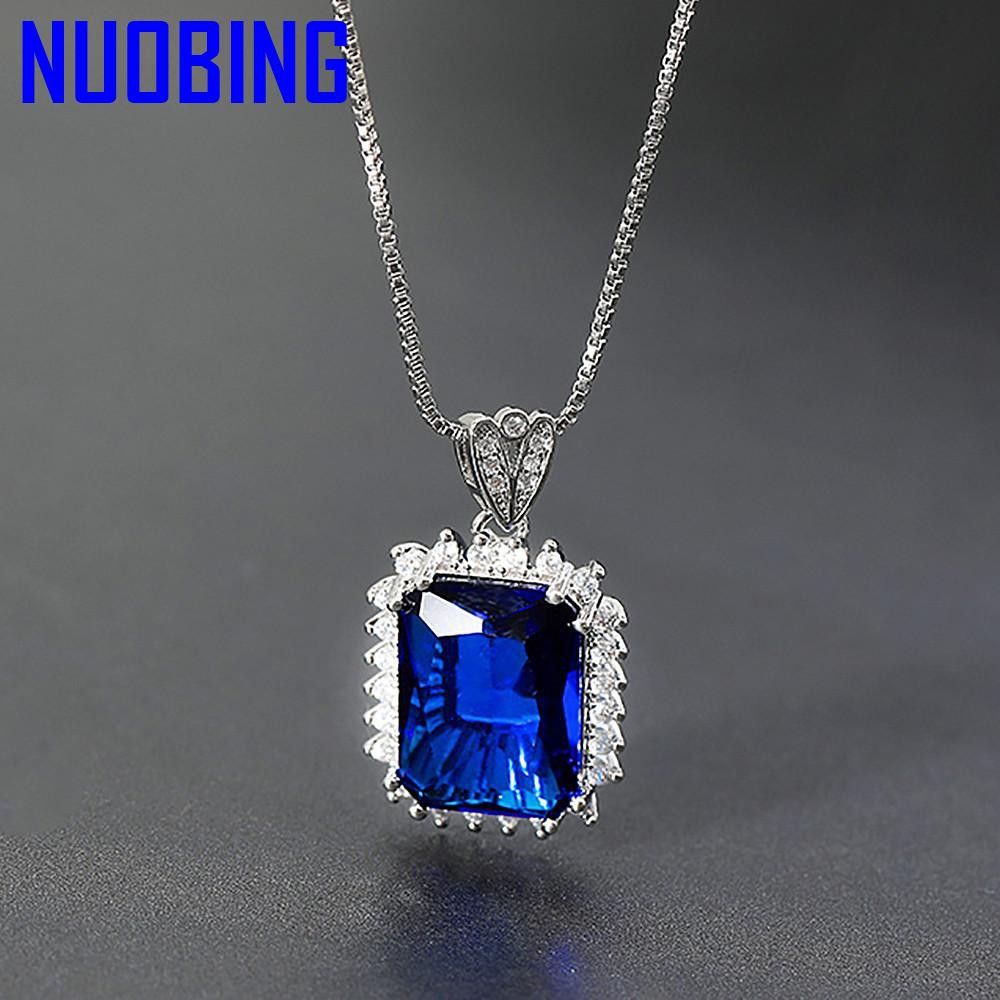 Luxury Square Blue Crystal Sapphire Gemstones Diamonds Pendant Necklaces For Women White Gold Silver Color Jewelry Bijoux Gifts|Pendants|