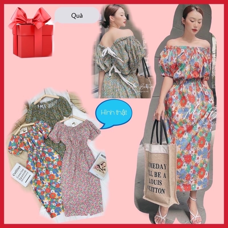 (Loại 1) Đầm Hoa Trễ Vai Nơ Lưng Sieu Xinh